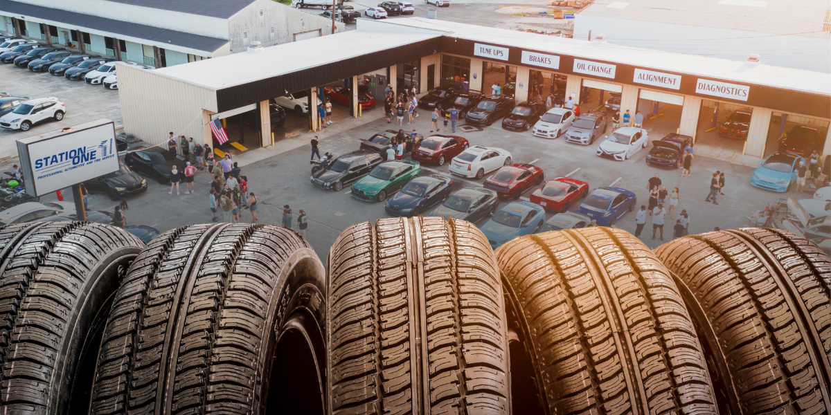 Tires displayed in front of Station One automotive service center in Hilton Head and Savannah