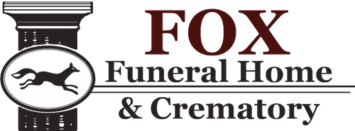 Fox Funeral Home & Crematory logo with a black fox in an oval beside maroon text and a column icon