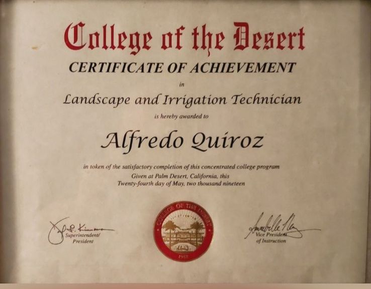 College of the desert certificate of achievement landscape and irrigation technician alfredo quiroz
