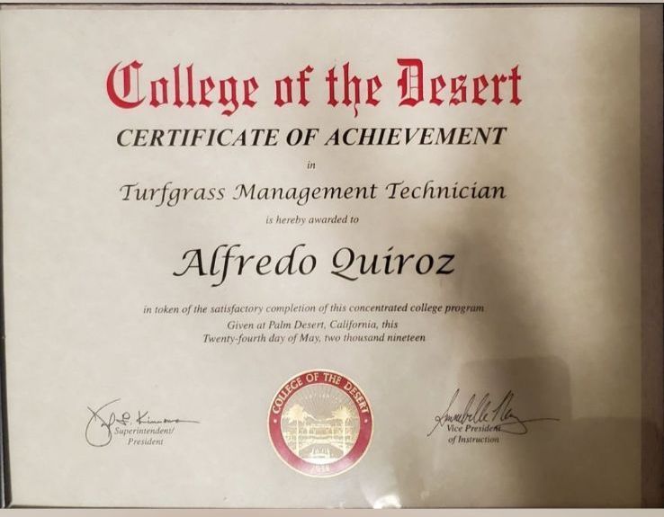 A college of the desert certificate of achievement for alfredo quiroz
