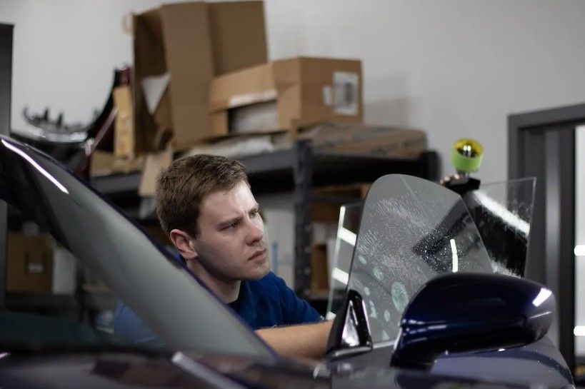 Man focused on applying tint film to a car window in a garage.