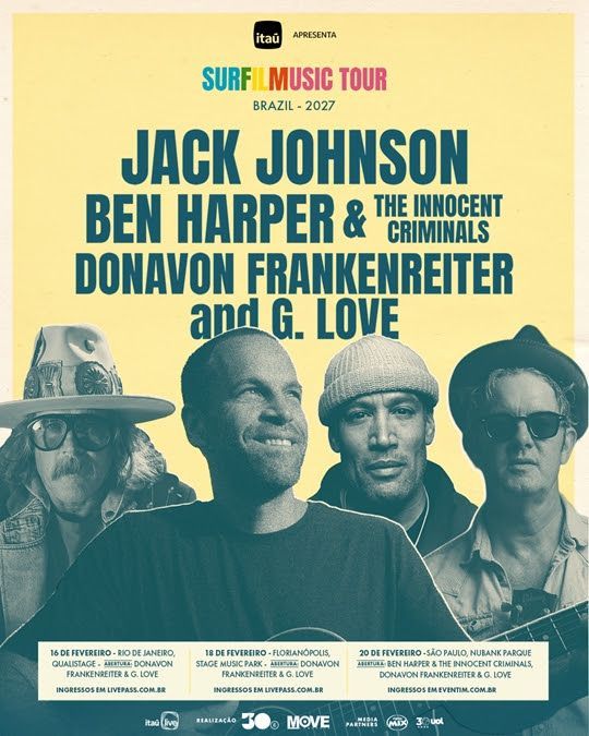 Jack Johnson anuncia três shows no Brasil com a turnê SURFILMUSIC em 2027