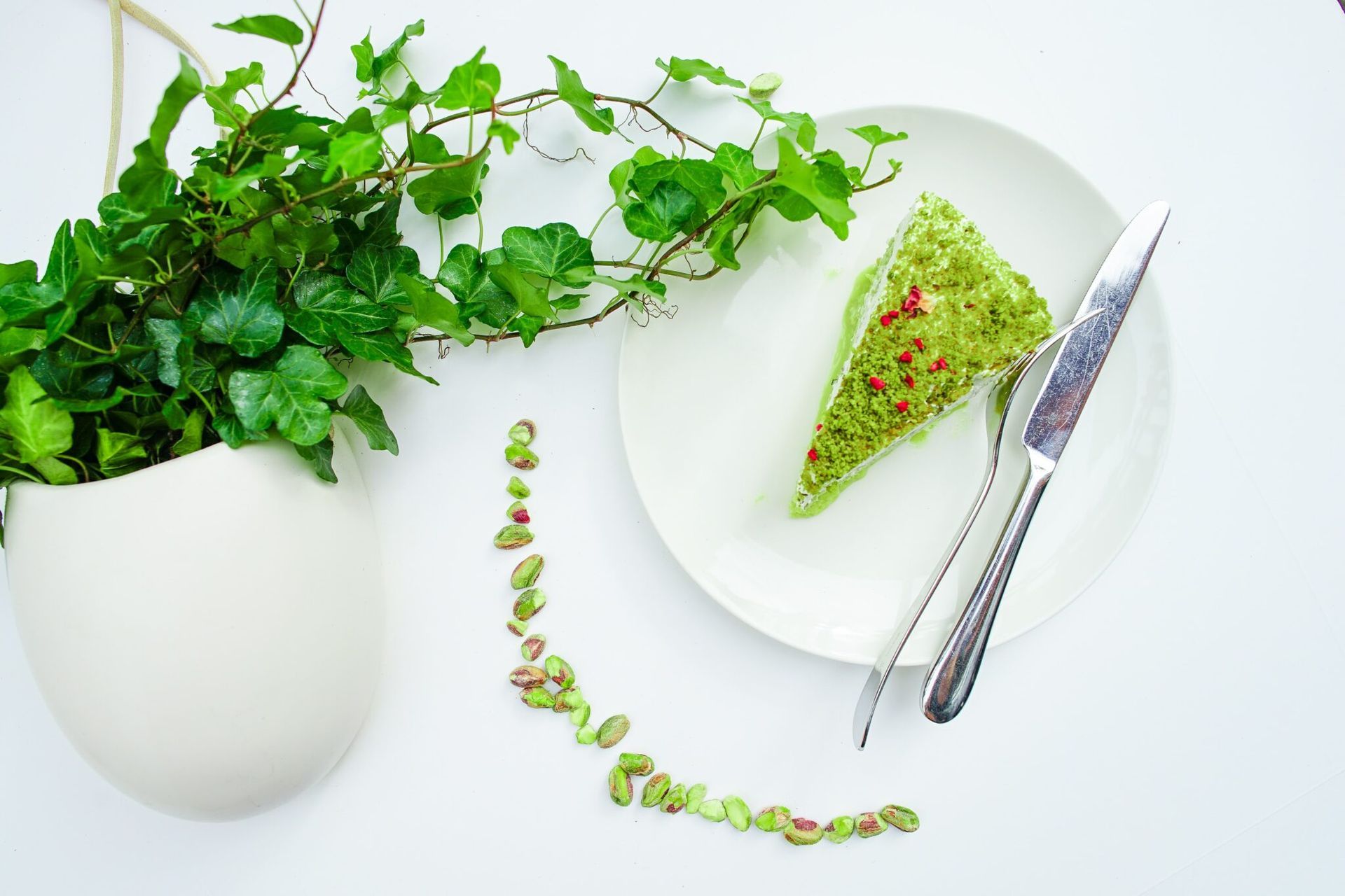 A white plate with a piece of green food on it