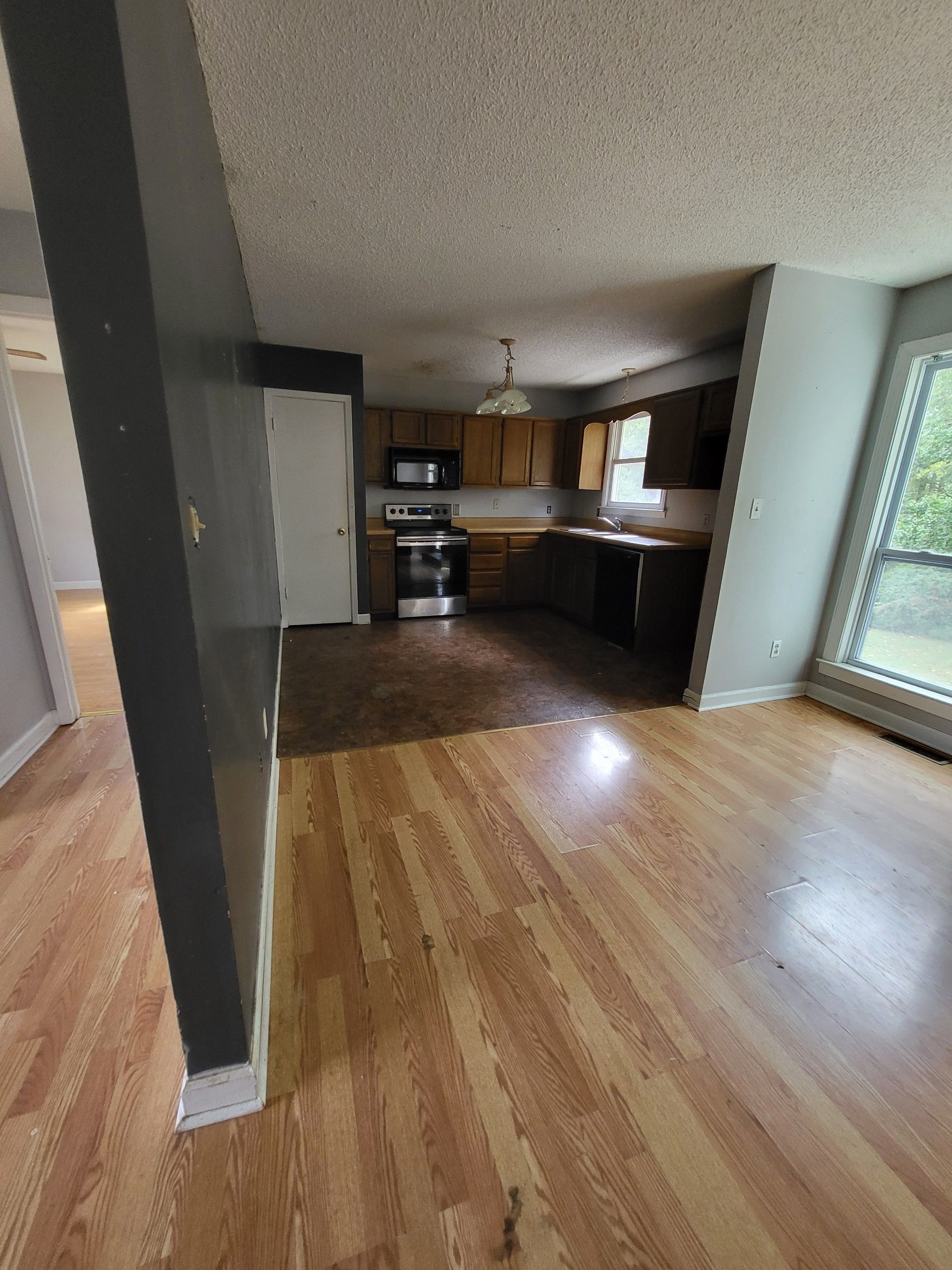 Kitchen and living area with wood floors, dark cabinets, and large windows.