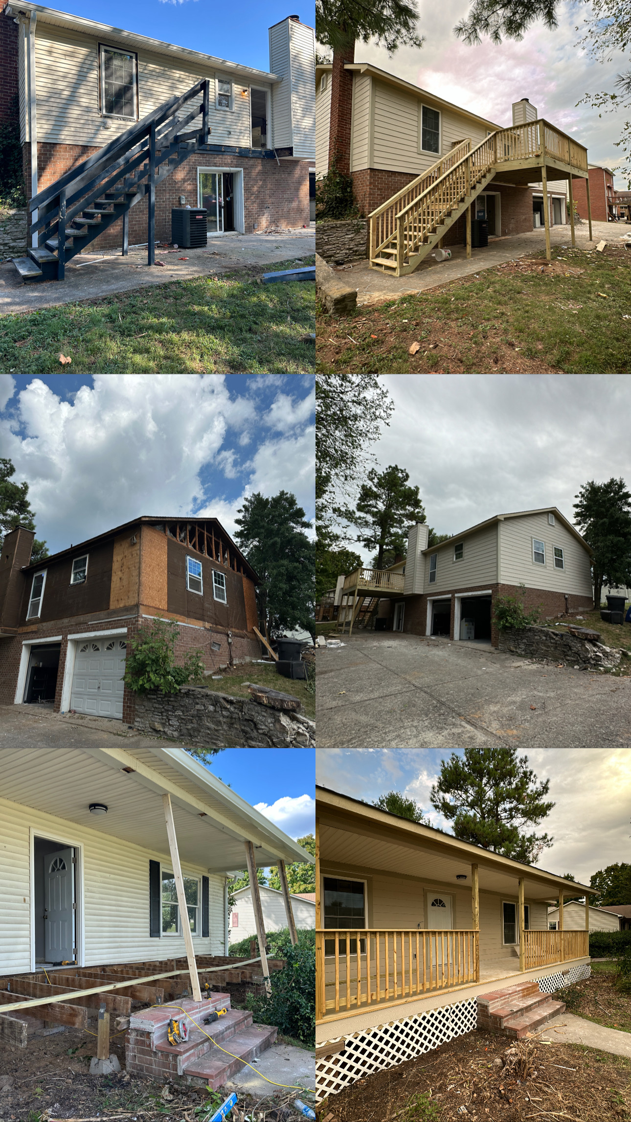 Houses undergoing renovations, various stages of construction, including new steps and siding.