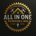 Logo for "All in One Remodeling" with gold saw blade frame, hammers, roof, and plug symbol on a black background.