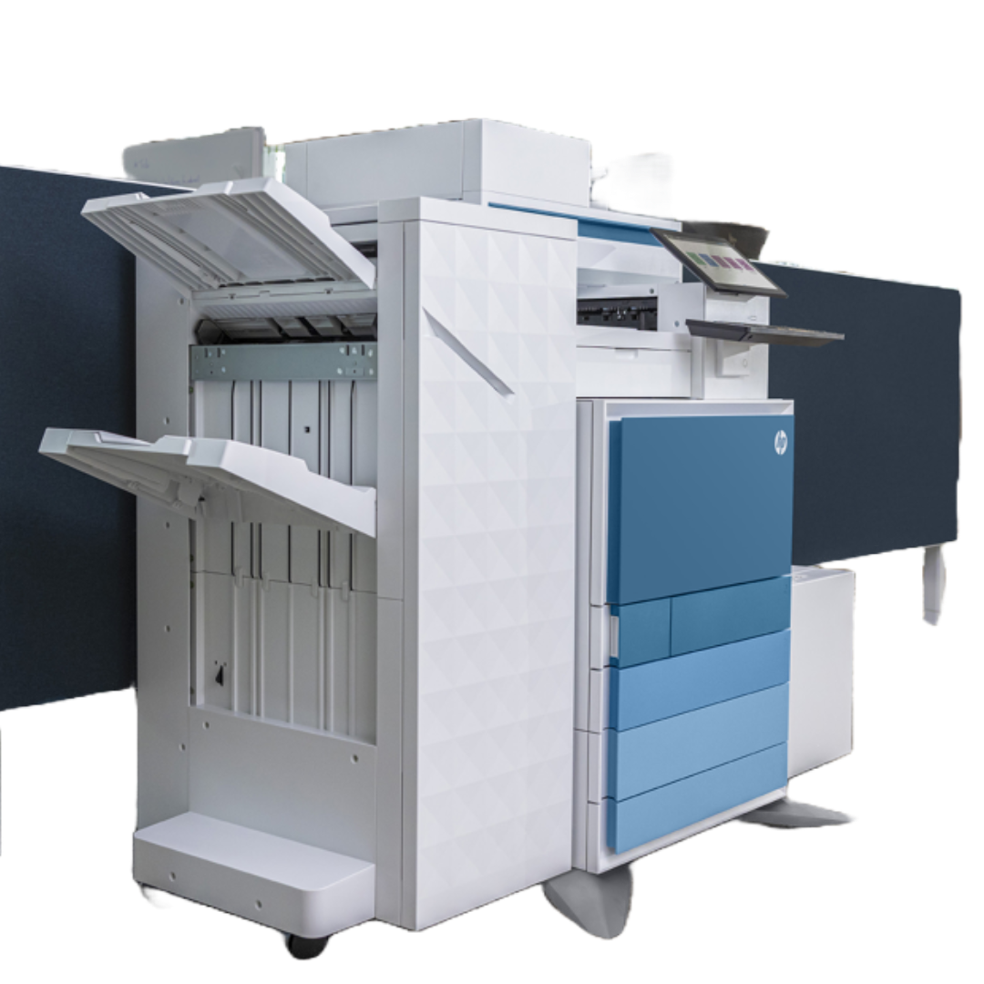 A white printer with blue drawers is sitting on a white surface