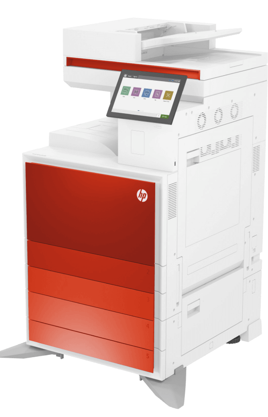 A red and white printer with a screen on top of it.