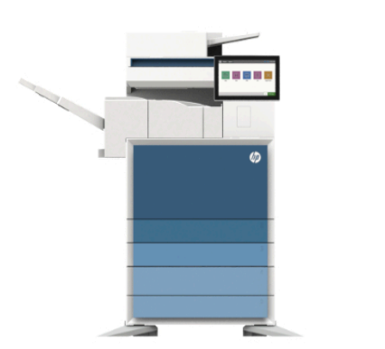 A blue and white printer with a monitor on top of it.