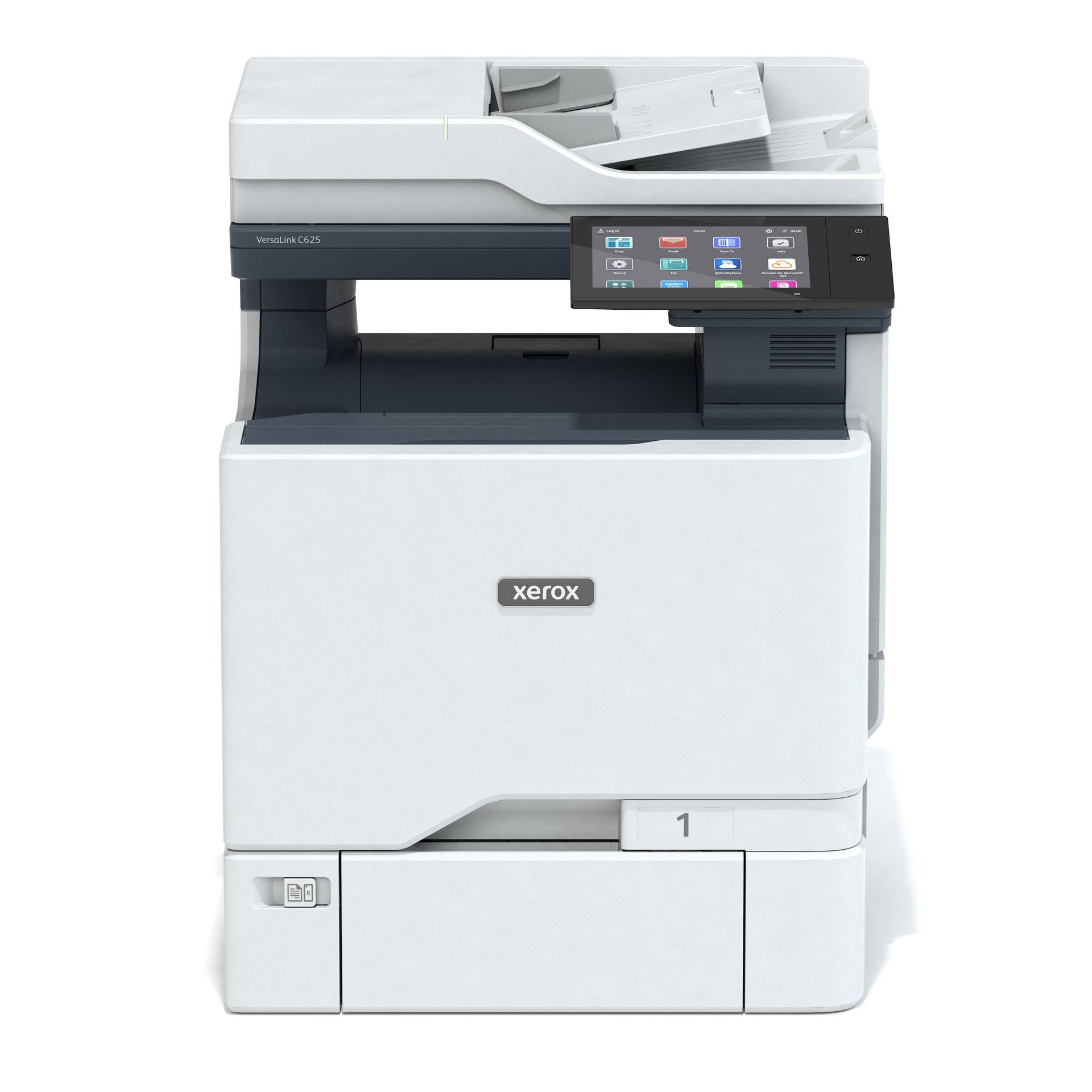 An xerox printer is sitting on a white surface.
