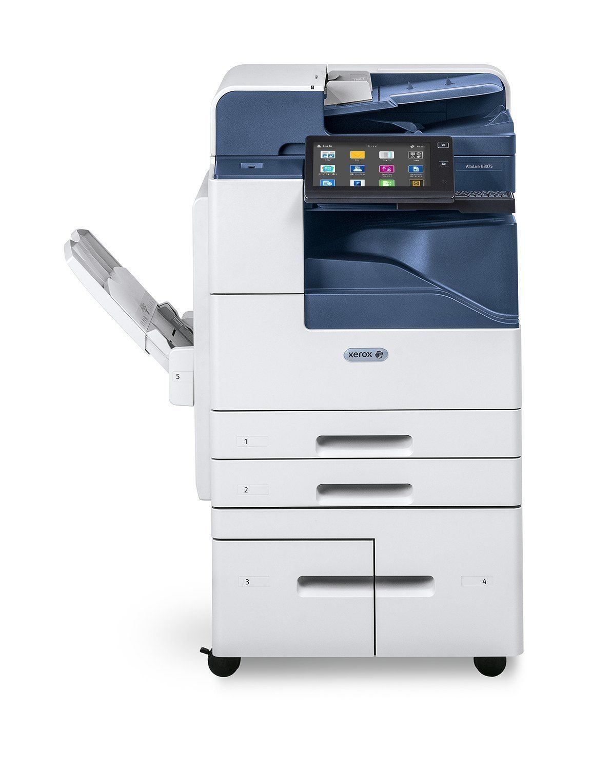 A white printer with a blue top is sitting on a white surface.