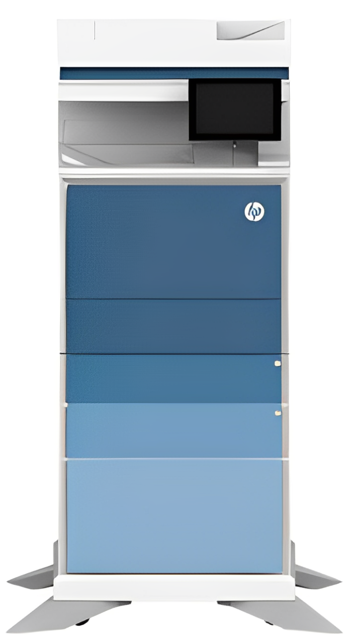 A blue and white printer with a monitor on top of it.