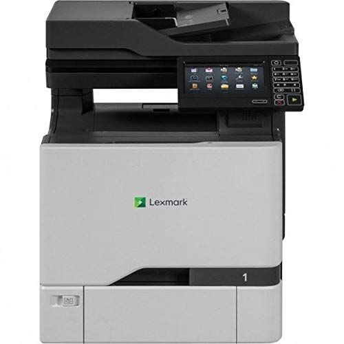 A lexmark printer is sitting on top of a table on a white background.