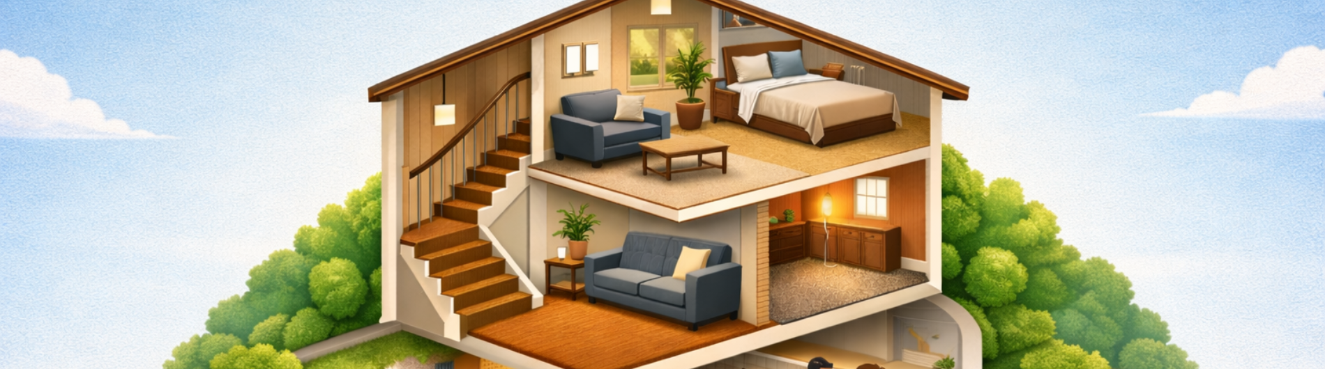 Visual guide to selecting carpet types for living rooms, bedrooms, stairs, and basements