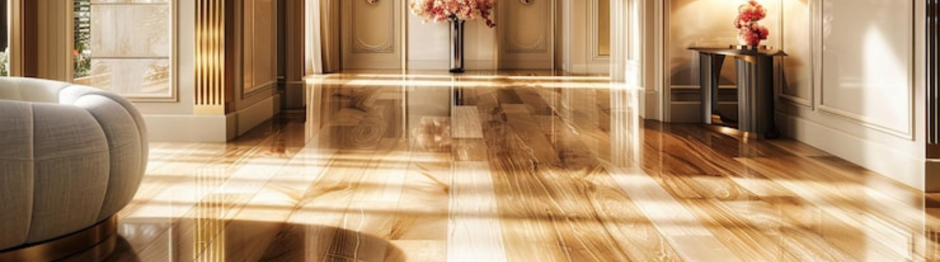 A luxurious room with a shiny, wooden floor and a vase of pink flowers.