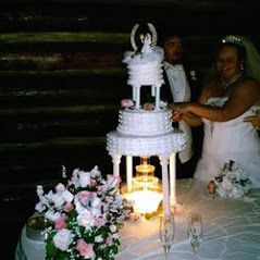 bride and groom cutting wedding cake