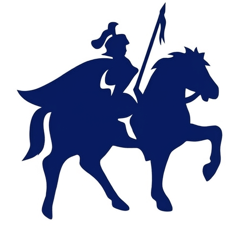 La sagoma blu scuro di un cavaliere con elmo e mantello, in sella a un cavallo, che impugna una lancia.