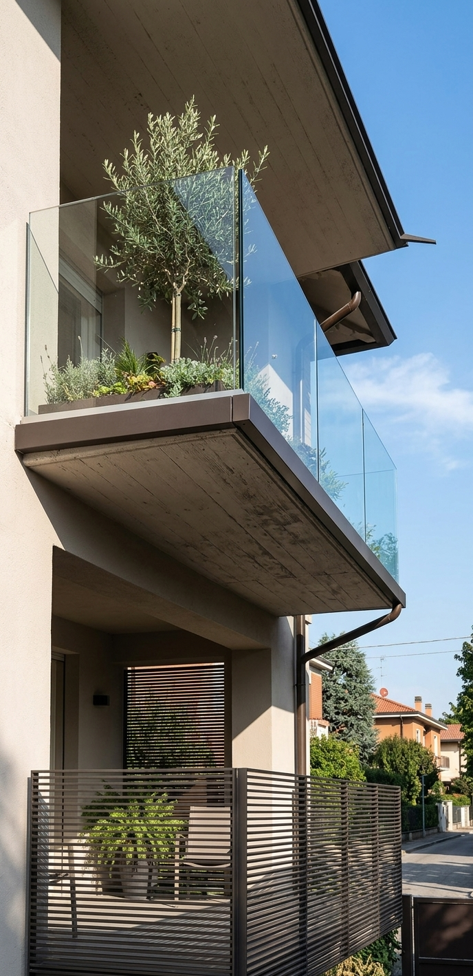 Una casa moderna caratterizzata da un balcone in cemento con ringhiere in vetro, su cui si affacciano un piccolo albero e delle piante, sopra un patio recintato.