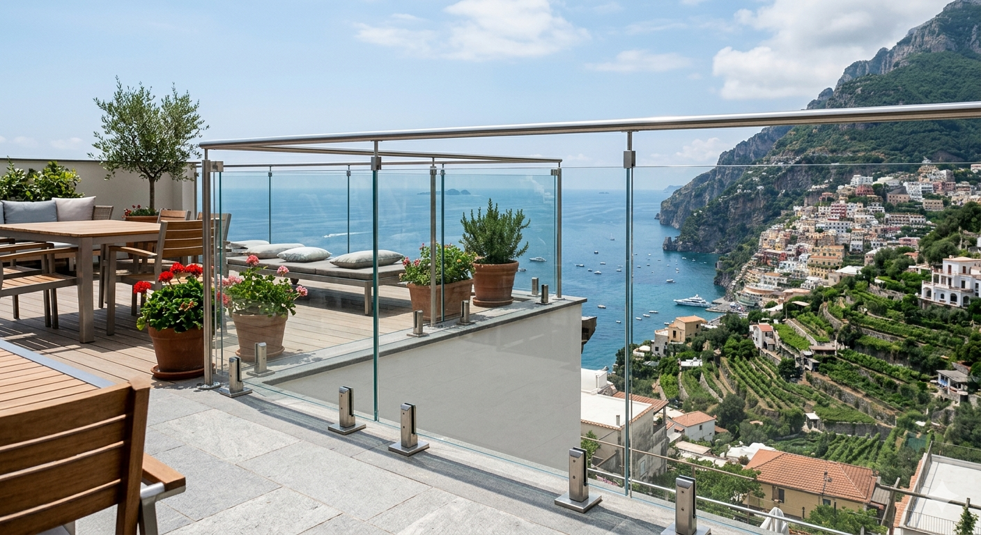 Una terrazza soleggiata si affaccia sulla costa mediterranea di Positano, con posti a sedere all'aperto, piante in vaso e ringhiere in vetro.