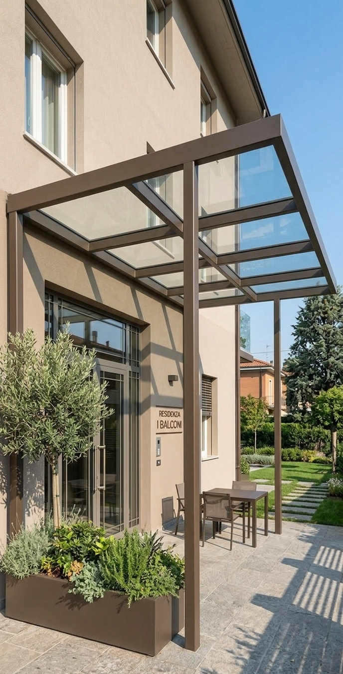 Una moderna tettoia in metallo marrone e vetro sopra un ingresso, con una pianta in vaso e posti a sedere all'aperto su un patio pavimentato.