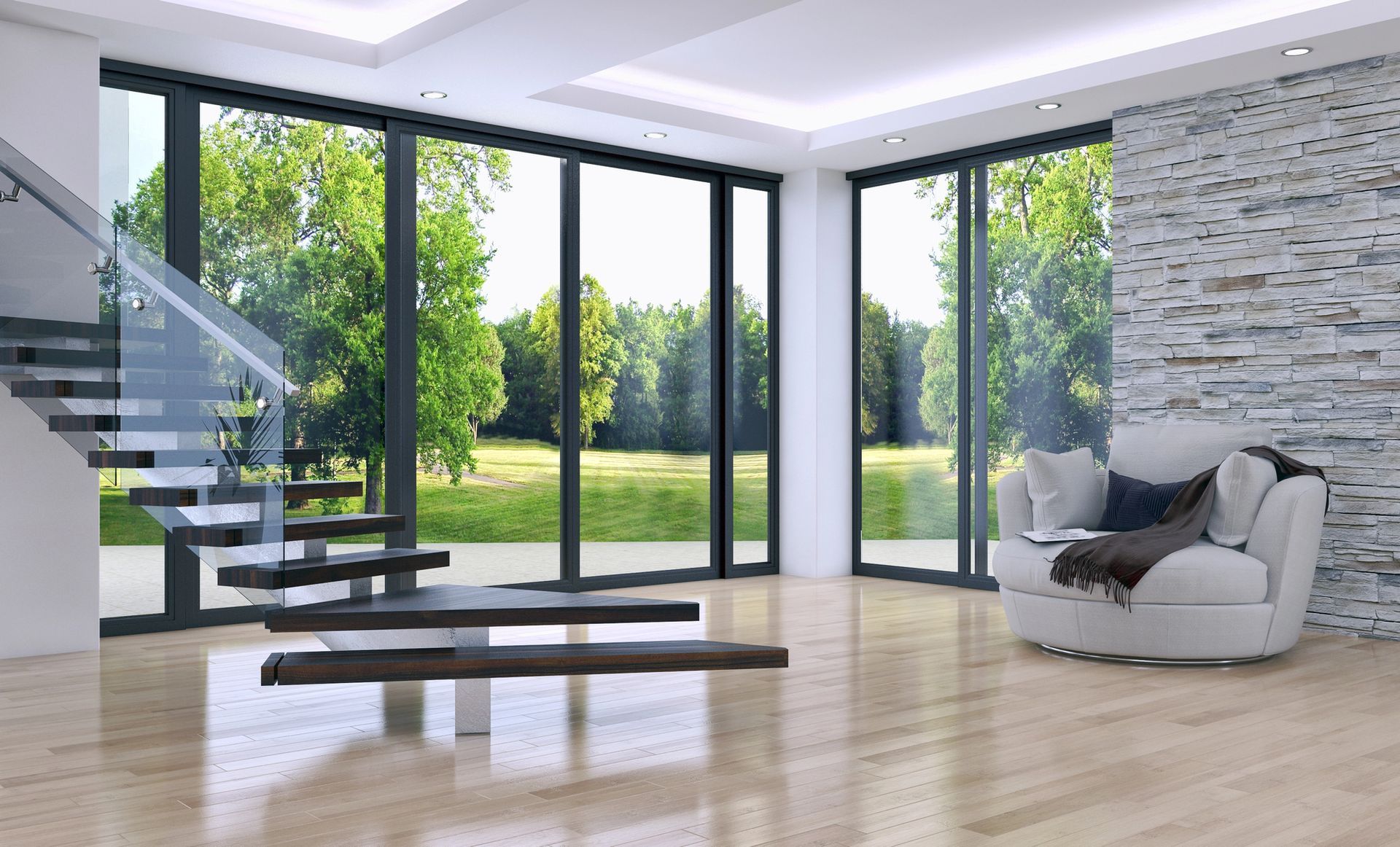 Un soggiorno moderno con una scala in legno sospesa, pavimenti in legno chiaro, finestre a tutta altezza e una poltrona lussuosa.