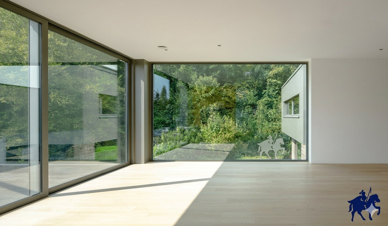 Camera minimalista con finestre a tutta altezza affacciate su una rigogliosa foresta verde, caratterizzata da pavimenti in legno chiaro e pareti bianche.