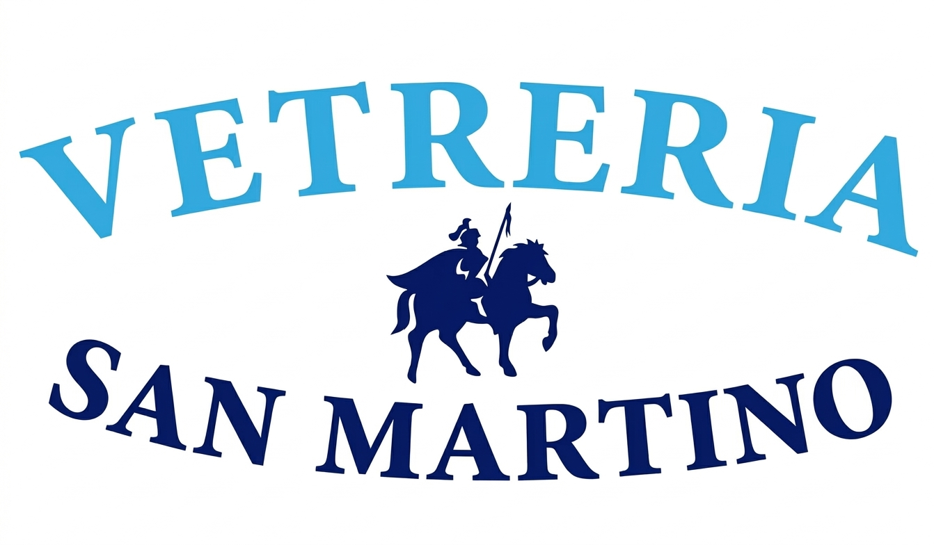 Logo della Veterinaria San Martino con testo sopra e sotto la silhouette blu scuro di una persona a cavallo.