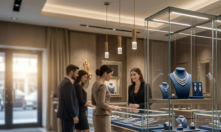 Un commesso assiste i clienti all'interno di un'elegante e ben illuminata gioielleria, con vetrine che espongono collane e anelli.