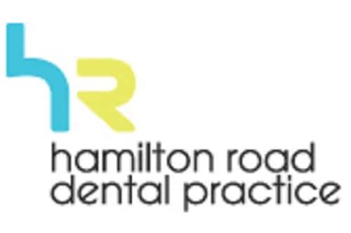 The logo for hamilton road dental practice is blue and yellow