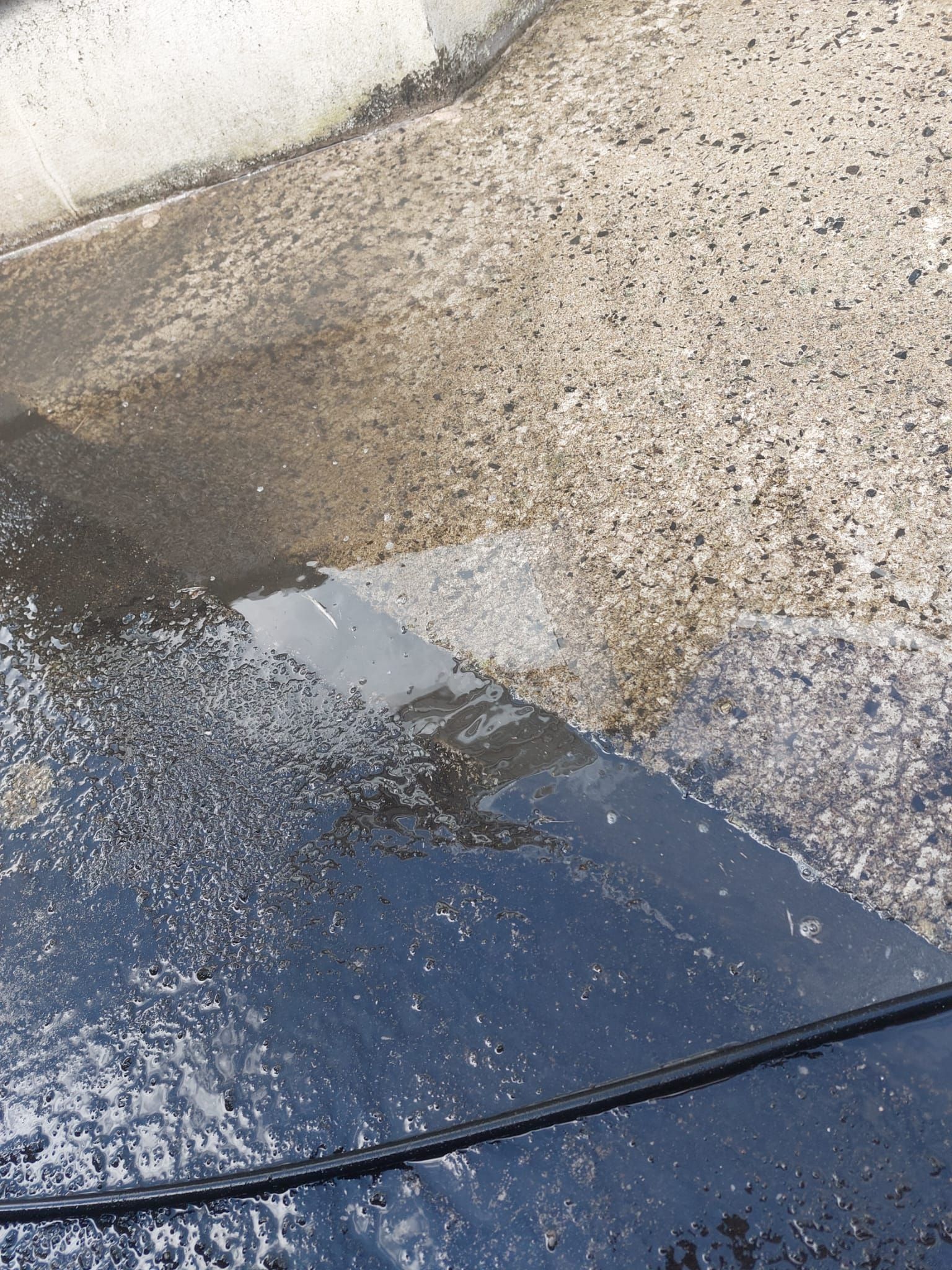 A puddle of water is on the ground next to a car hood.