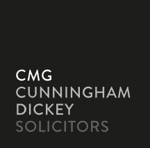 The logo for cmg cunningham dickey solicitors is on a black background.