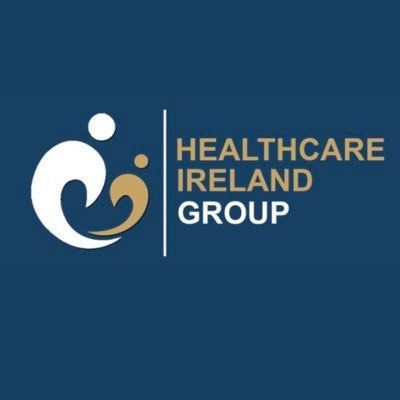The healthcare ireland group logo is on a blue background.