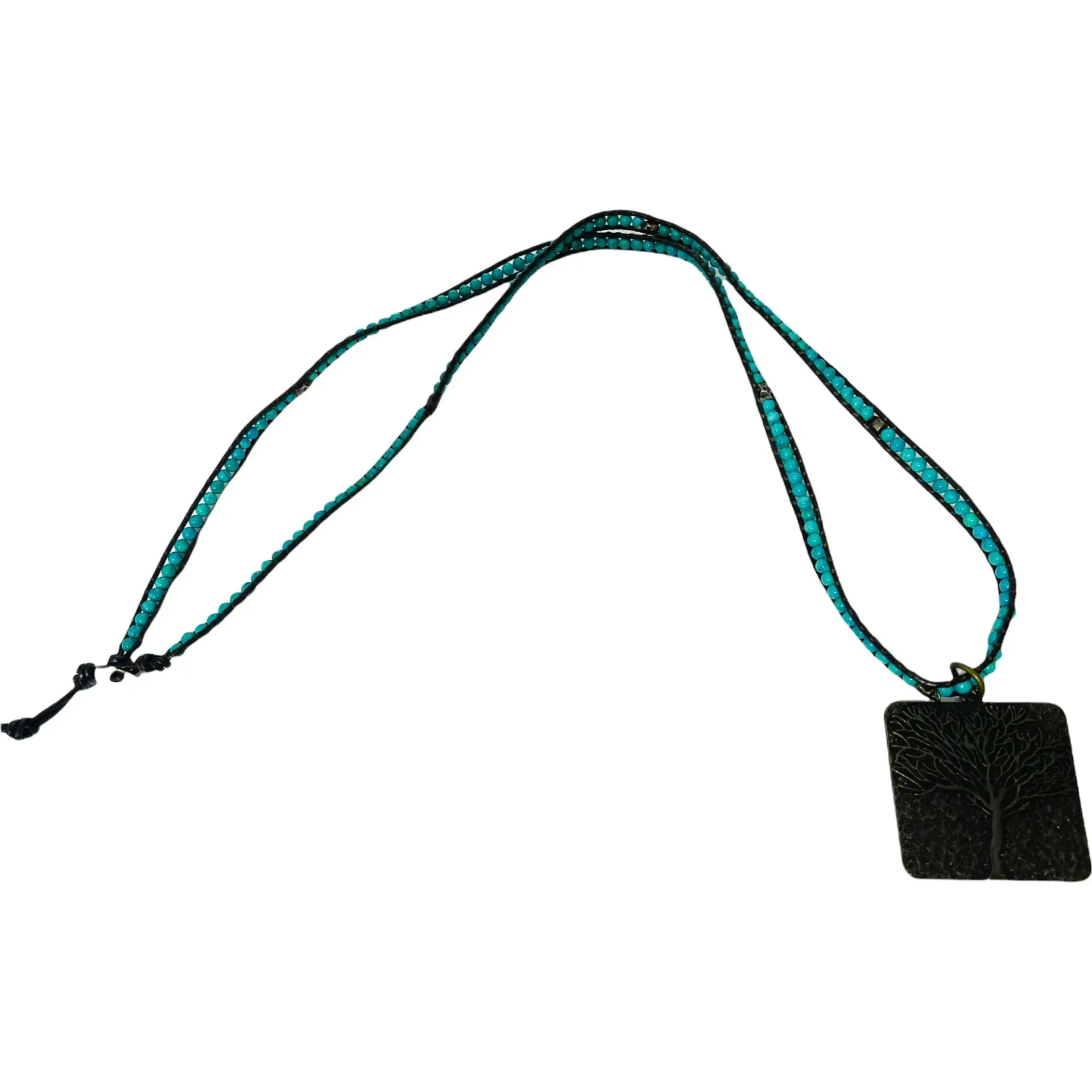 Turquoise beaded necklace with a black square pendant.