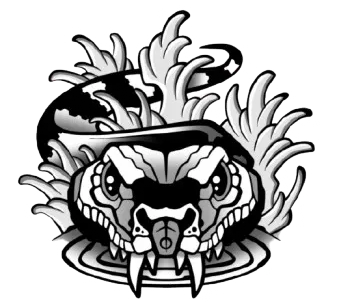 Black and white snake illustration with open mouth, surrounded by stylized water and foliage.