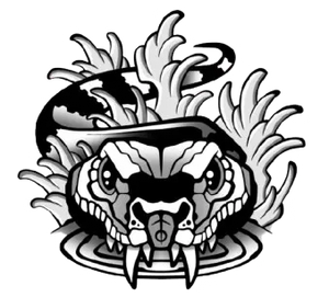 Black and white snake illustration with open mouth, surrounded by stylized water and foliage.