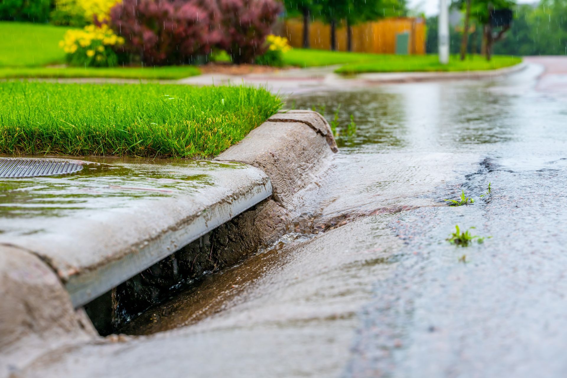 Rainwater flows into a curb drain on a street with green grass and a house in the background.