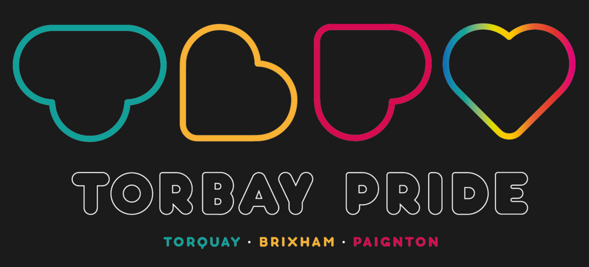 Four abstract heart-shaped symbols outlined in vibrant gradient colors. Below the symbols, bold white text reads “Torbay Pride.” Smaller colored text underneath lists the three towns of Torbay: “Torquay” , “Brixham” , and “Paignton”, on a black background.