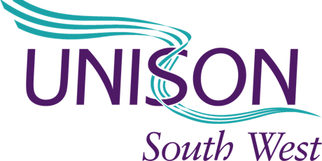  logo of UNISON South West stylized, flowing lines in teal and purple colors above and to the left of the bold, purple text 