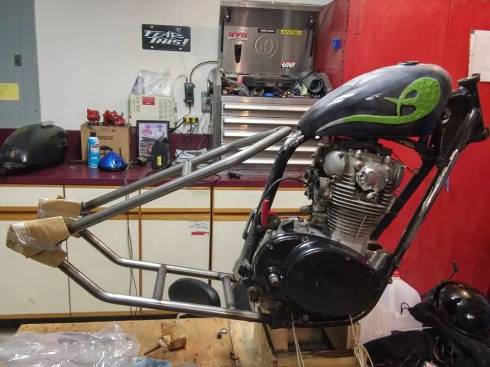 A black motorcycle with a green snake painted on the tank