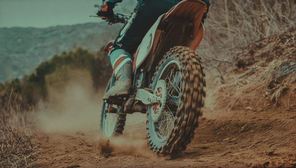 A person is riding a dirt bike on a dirt road.