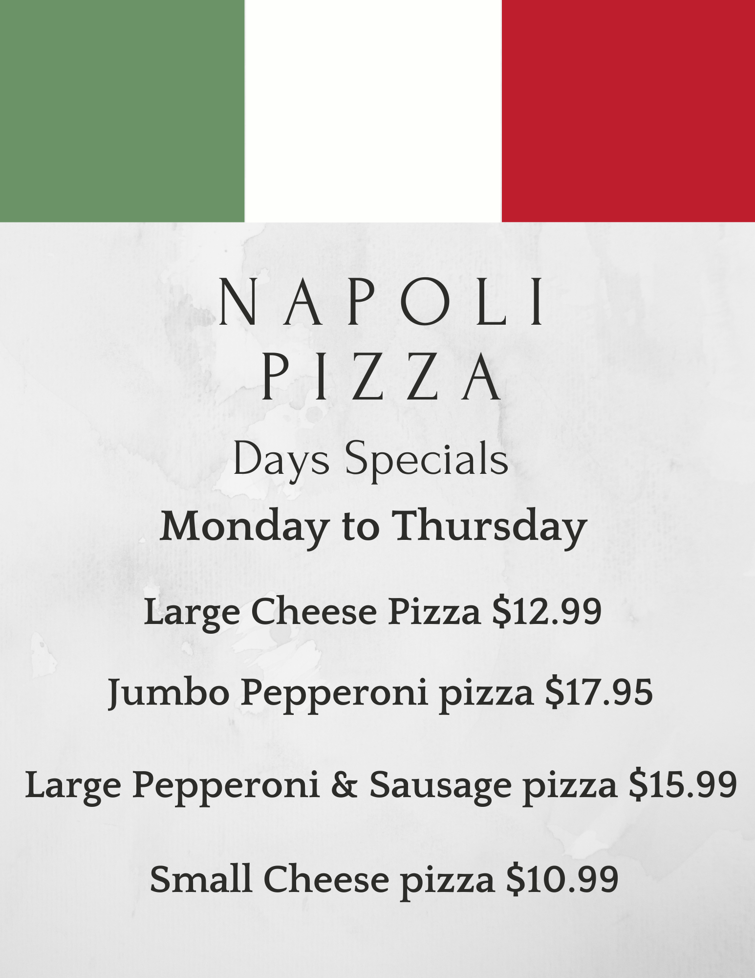 A menu for napoli pizza shows specials for monday to thursday