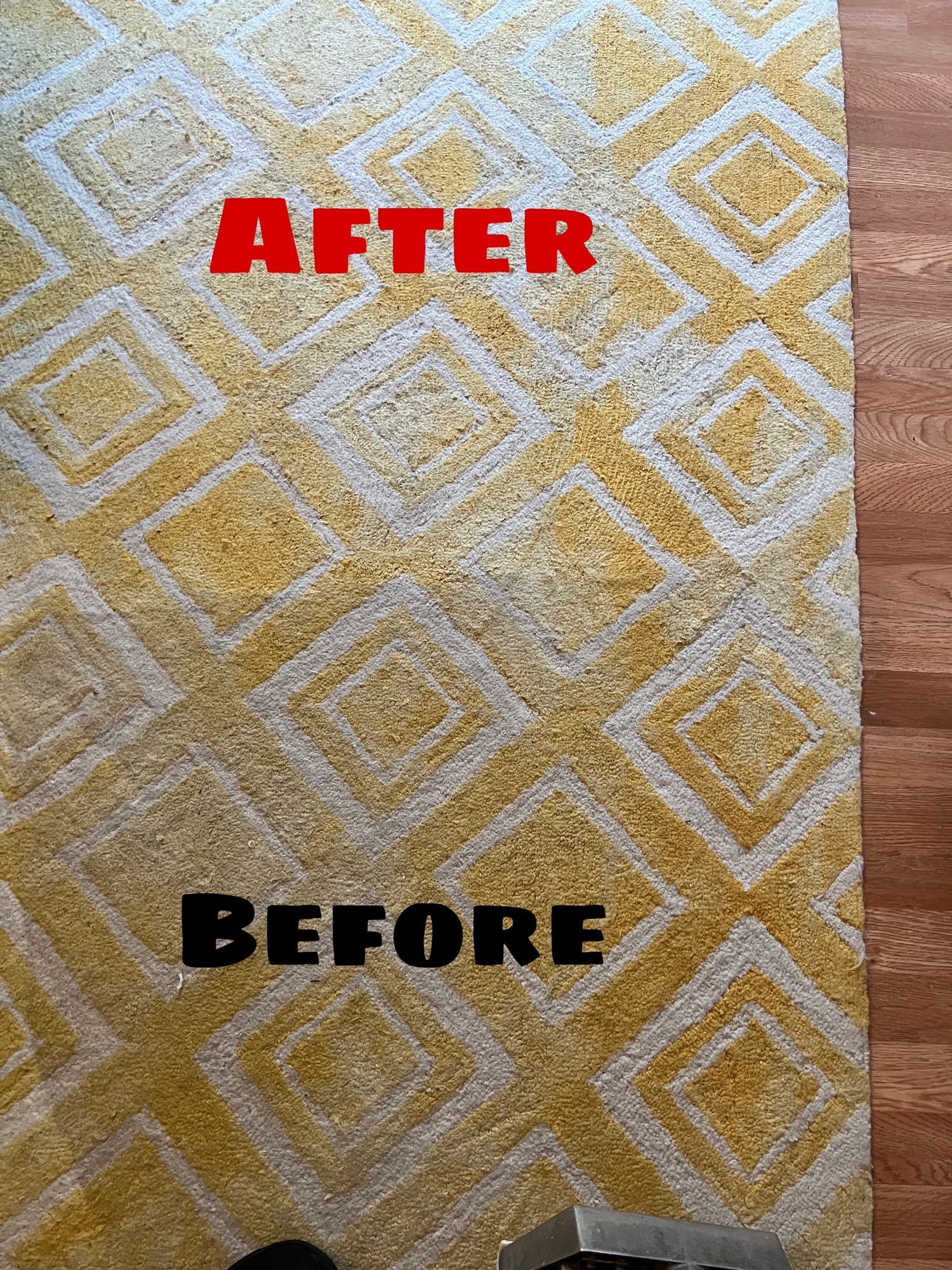 A picture of a rug before and after being cleaned.