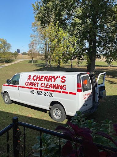 A cherry 's carpet cleaning van is parked in a grassy field.