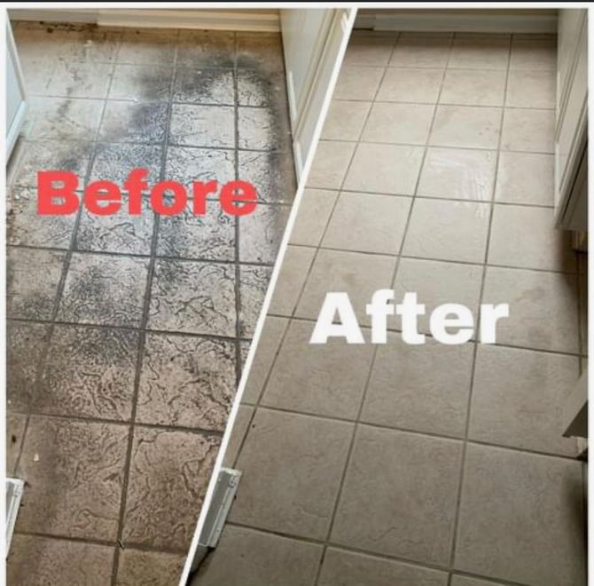 A before and after photo of a tile floor