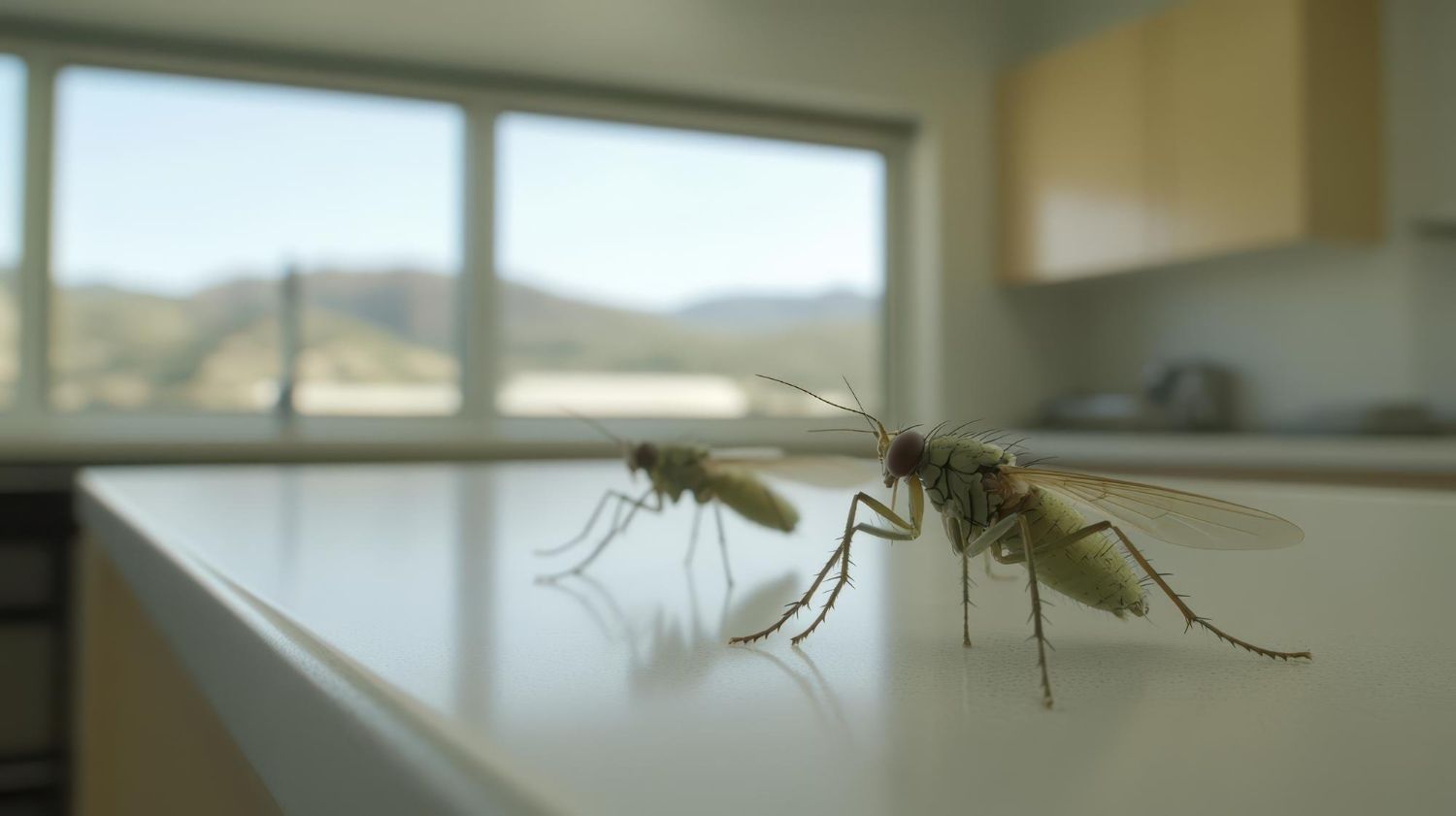 Two mosquitoes are standing on a counter in a kitchen.