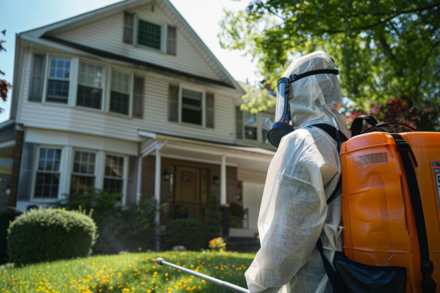 A man in a protective suit is spraying a house with a sprayer.