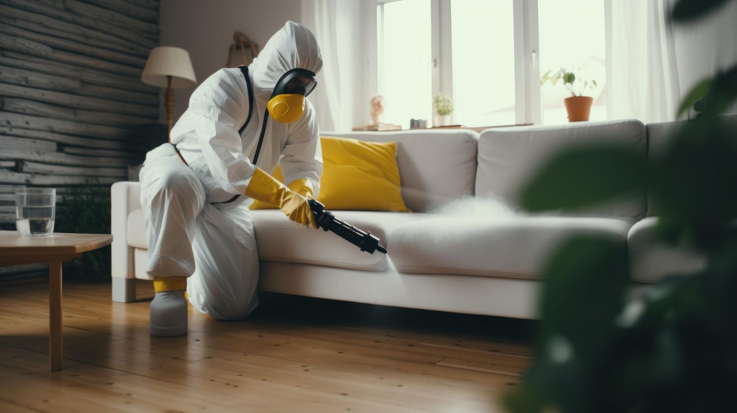 A man in a protective suit is disinfecting a couch in a living room.