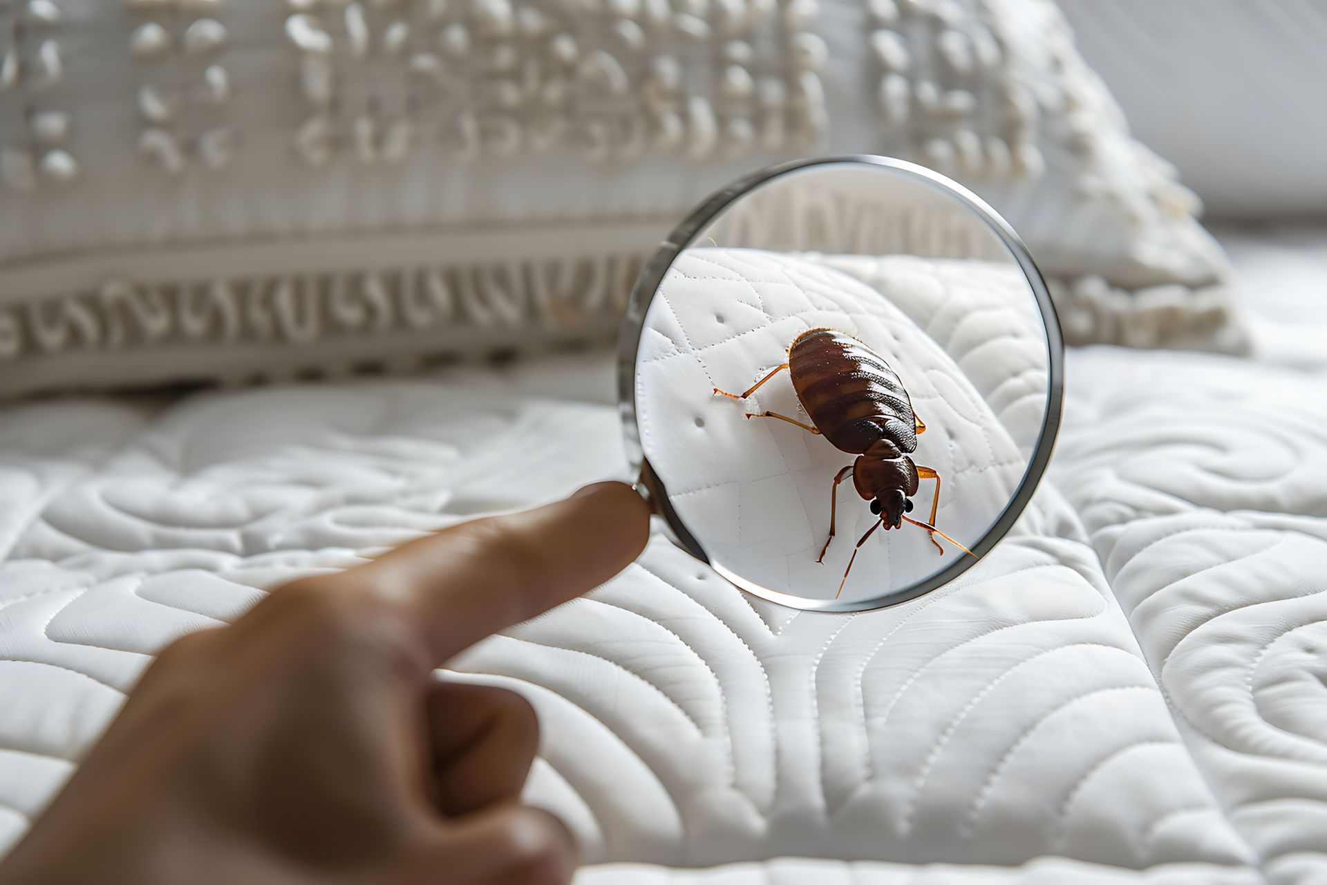 A person is looking at a bed bug through a magnifying glass.