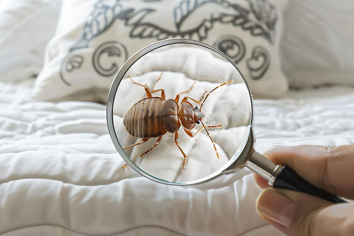 A person is holding a magnifying glass over a bed bug on a bed.