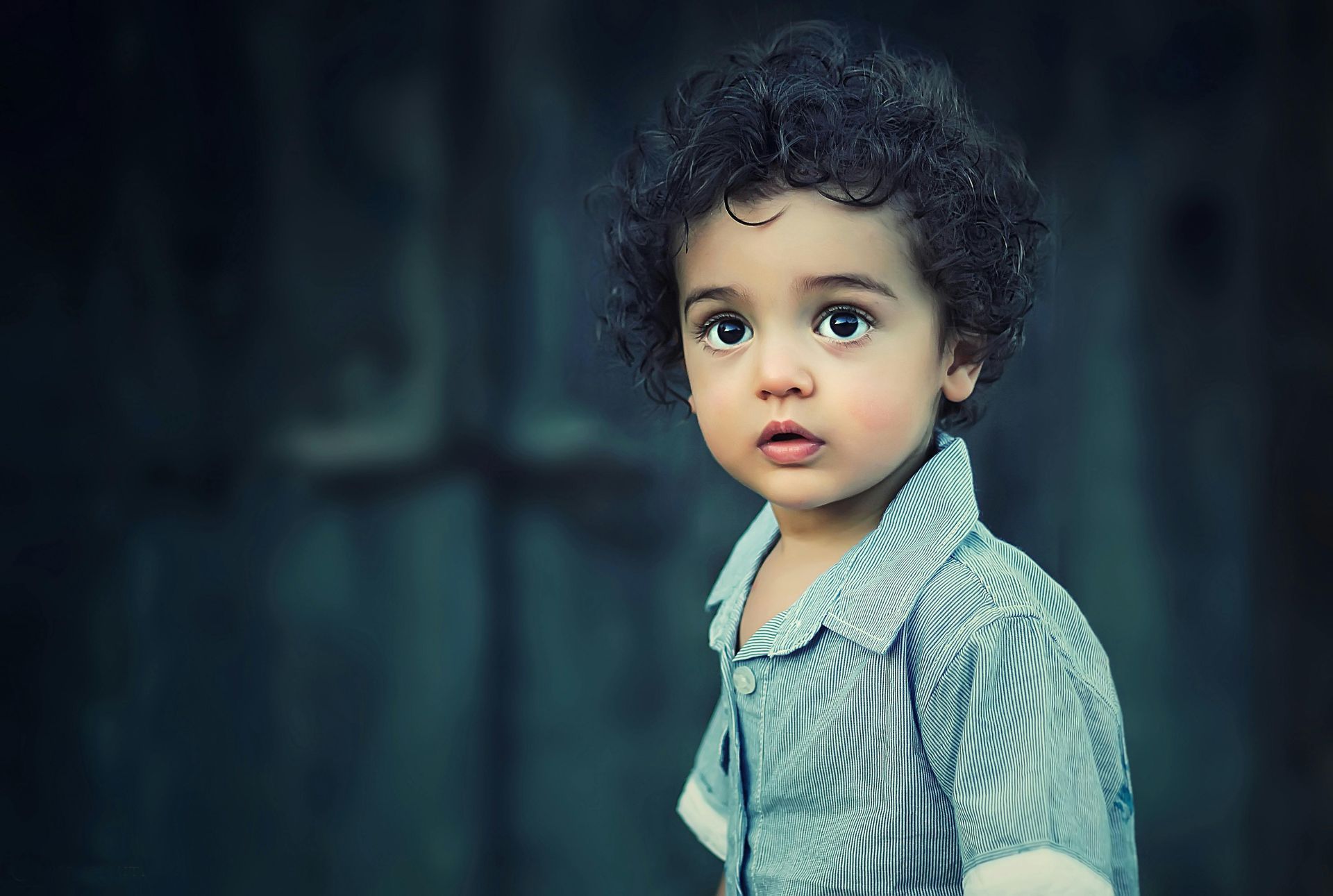 A young boy with curly hair is looking at the camera.